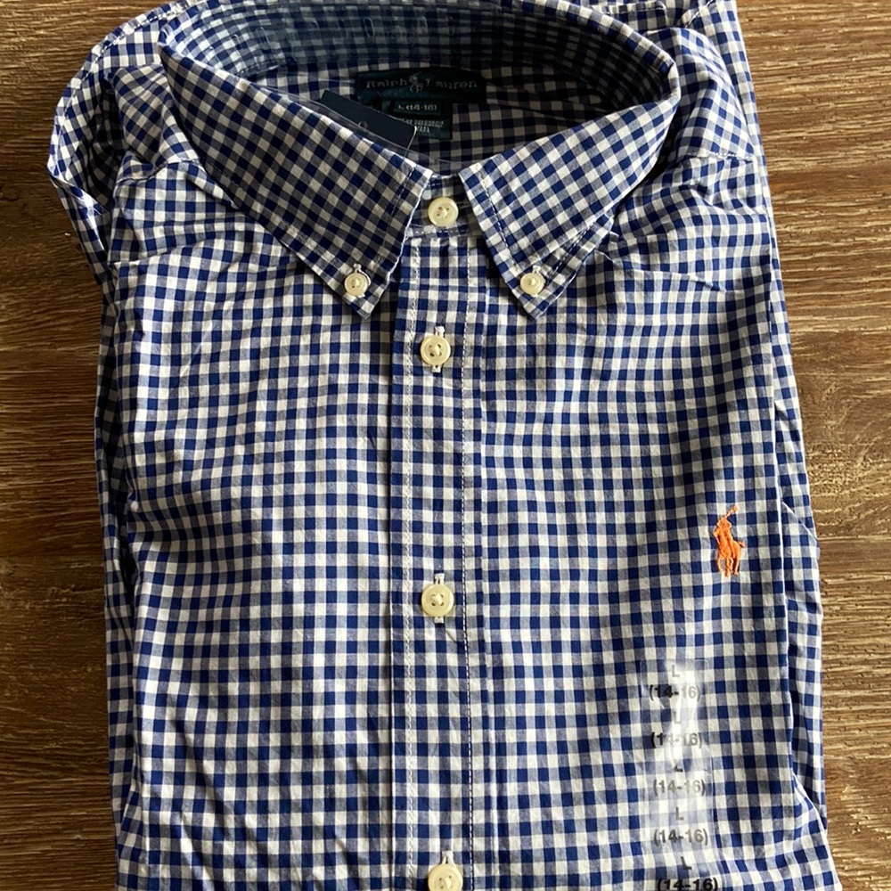 Polo Ralph Lauren Boys Long sleeves Button shirt  blue  gingham Size L 14-16 NWT